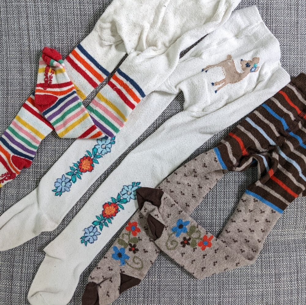 Lot of 3 fun girls tights floral, deer, rainbow stripe